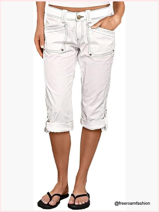 Pants - Mid Rise Cargo Capris with Flap Pockets & Roll Hem